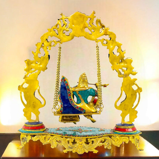 Pure Brass Radha Krishna on Swing - Handcrafted with Natural Stones 18 inch
