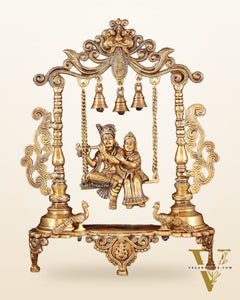 Pure Brass Radha Krishna on Swing with Twin Peacocks – Antique Finish 20"