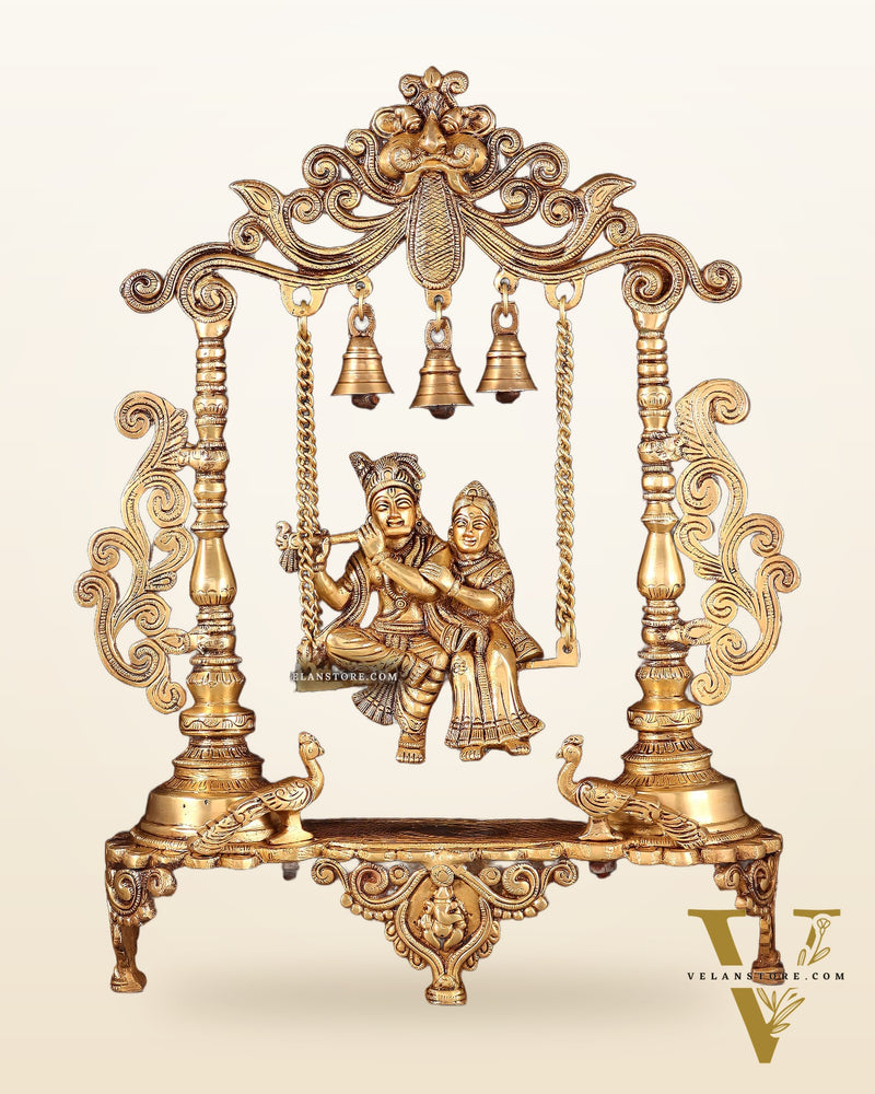 Pure Brass Radha Krishna on Swing with Twin Peacocks – Antique Finish 20"