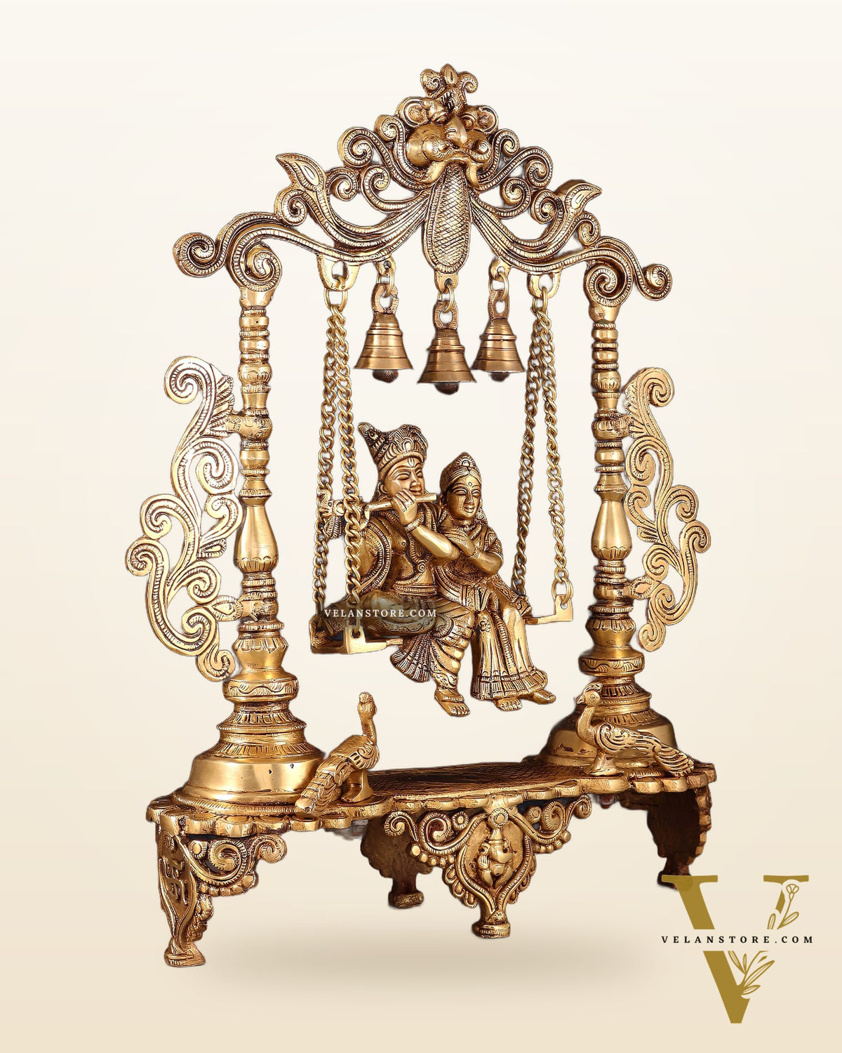 Pure Brass Radha Krishna on Swing with Twin Peacocks – Antique Finish 20"