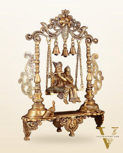 Pure Brass Radha Krishna on Swing with Twin Peacocks – Antique Finish 20"
