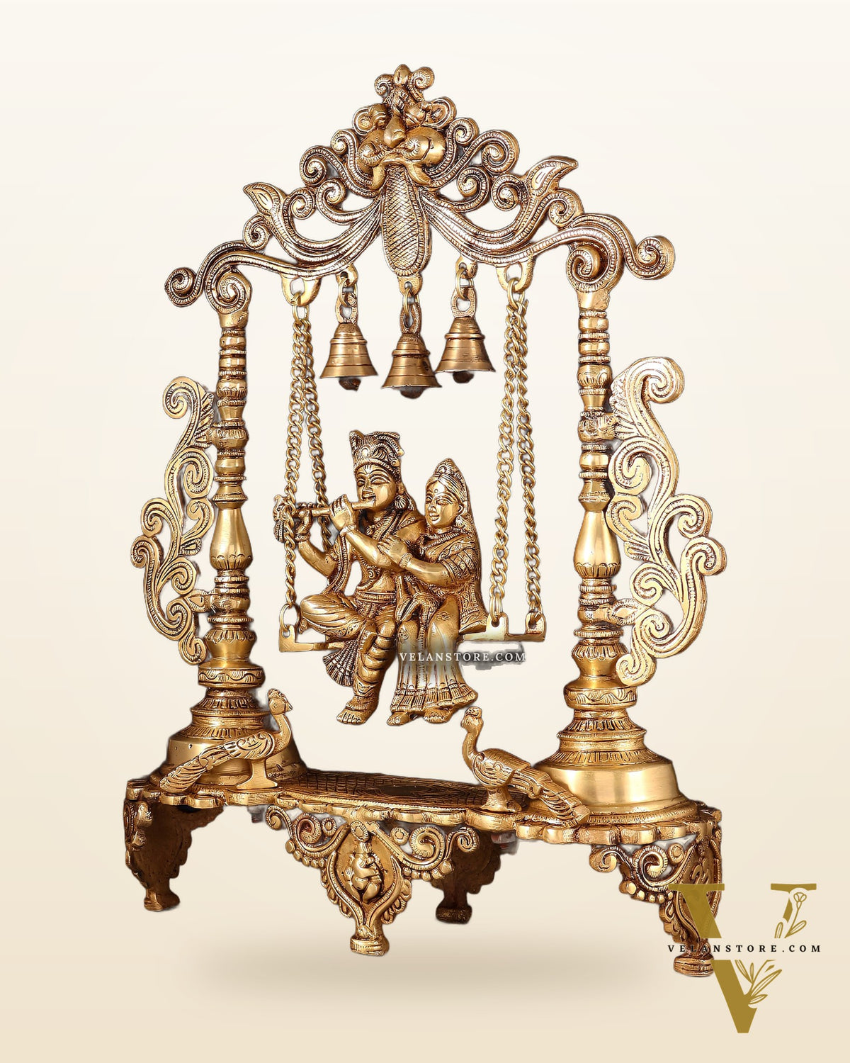 Pure Brass Radha Krishna on Swing with Twin Peacocks – Antique Finish 20"