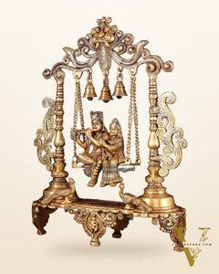 Pure Brass Radha Krishna on Swing with Twin Peacocks – Antique Finish 20"