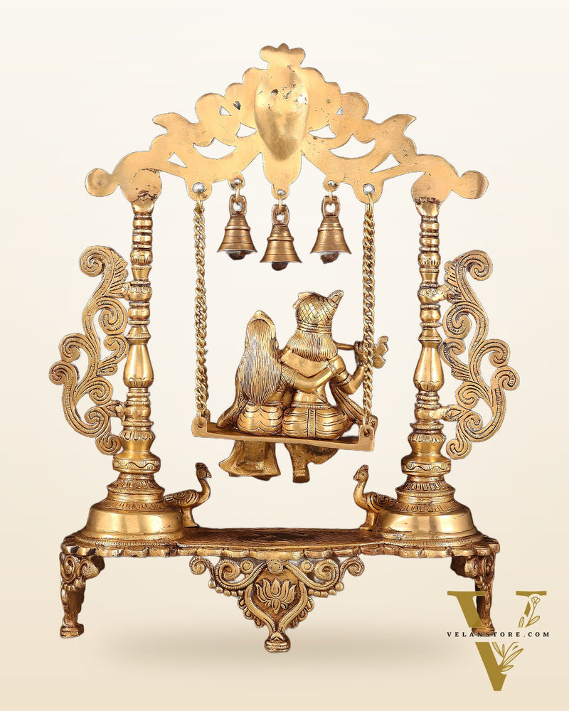 Pure Brass Radha Krishna on Swing with Twin Peacocks – Antique Finish 20"