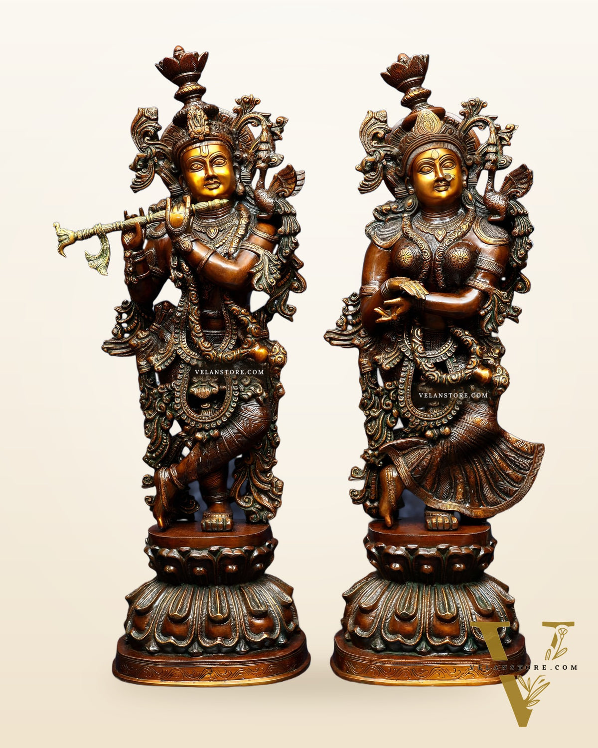 Pure Brass Radha Krishna Sculptures – Chola Style (Large Pair) 36"