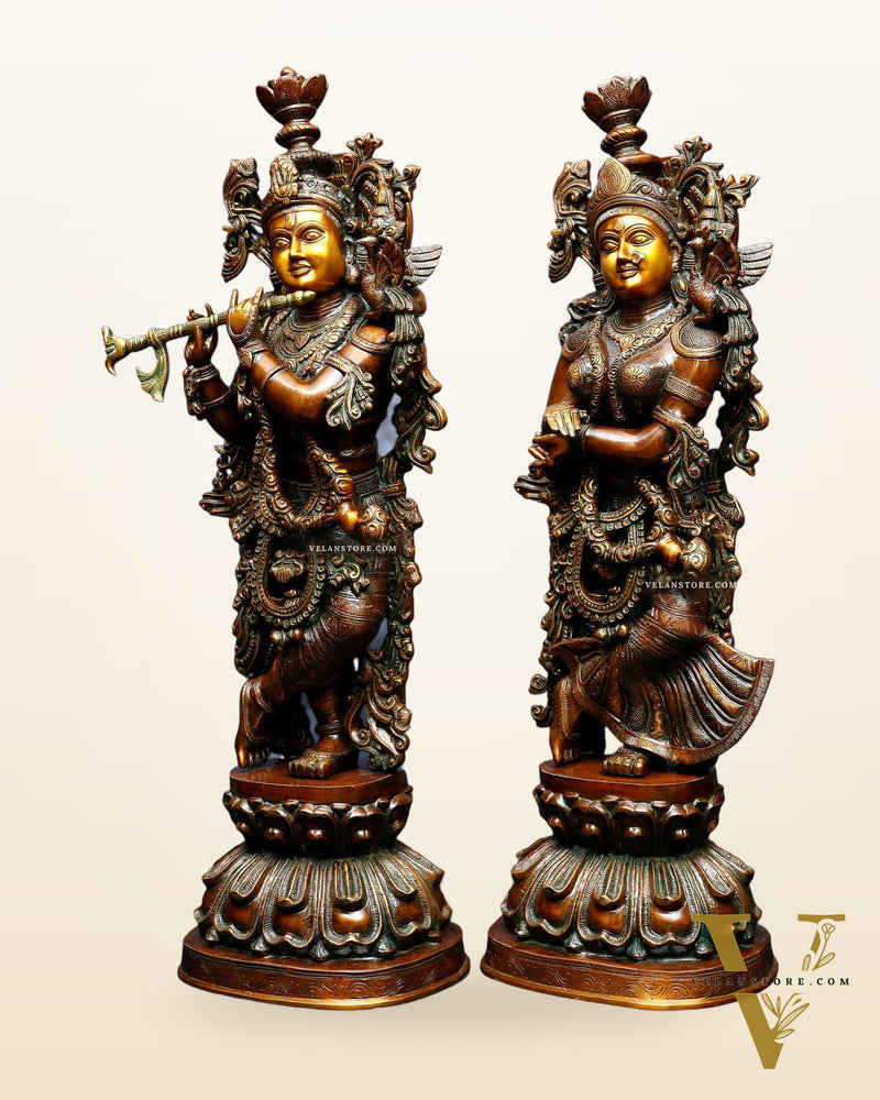 Pure Brass Radha Krishna Sculptures – Chola Style (Large Pair) 36"