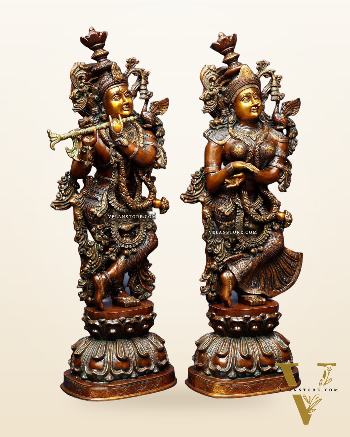 Pure Brass Radha Krishna Sculptures – Chola Style (Large Pair) 36"