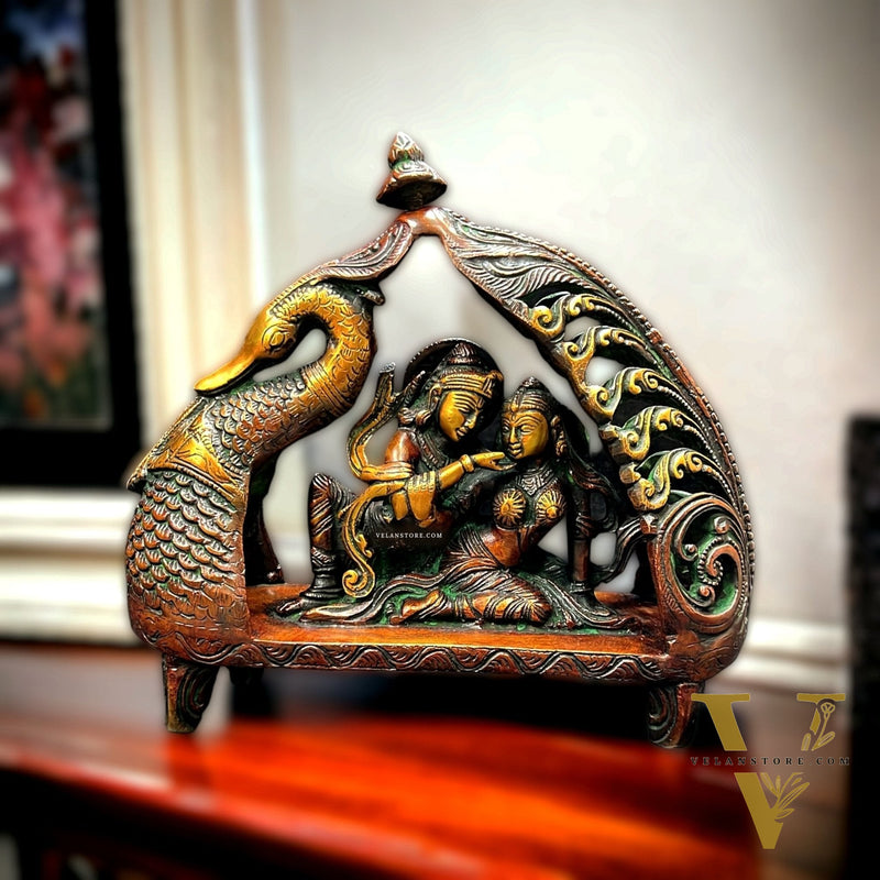 Pure Brass Radha Krishna Sitting on Peacock Boat Table Accent