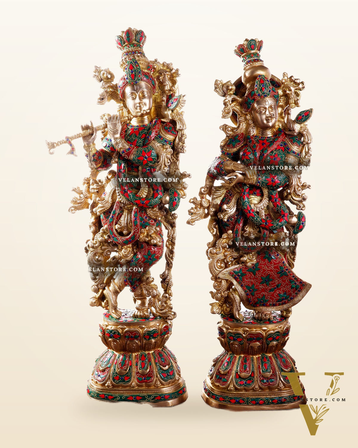 Pure Brass Radha Krishna Statue | 30" Floral stonework