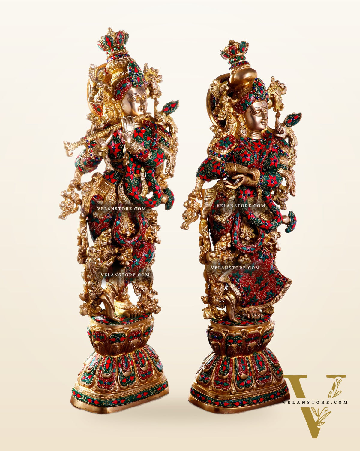 Pure Brass Radha Krishna Statue | 30" Floral stonework