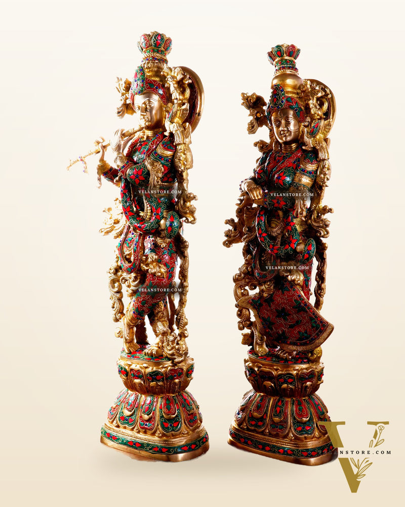 Pure Brass Radha Krishna Statue | 30" Floral stonework