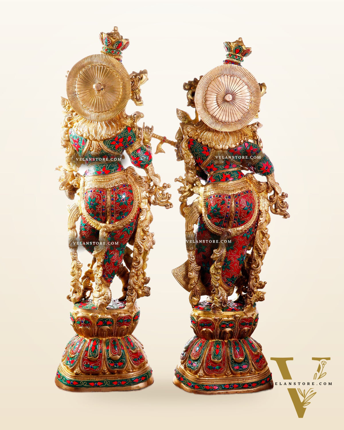 Pure Brass Radha Krishna Statue | 30" Floral stonework