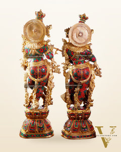 Pure Brass Radha Krishna Statue | 30" Floral stonework