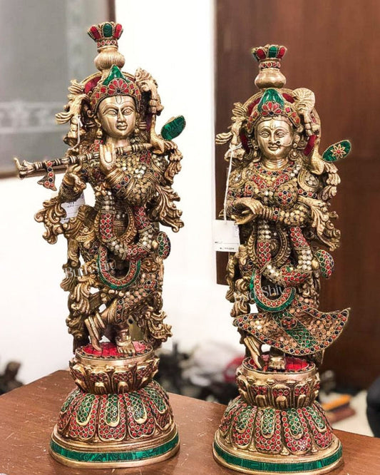 Pure Brass Radha Krishna Statue - Brass Rings and Stones studded - 21 inch