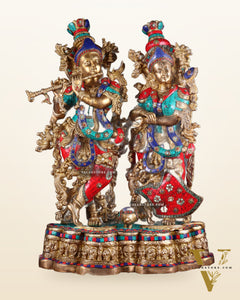 Pure Brass Radha Krishna statue meenakari Stonework– 29"