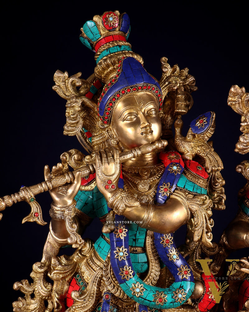 Pure Brass Radha Krishna statue meenakari Stonework– 29"