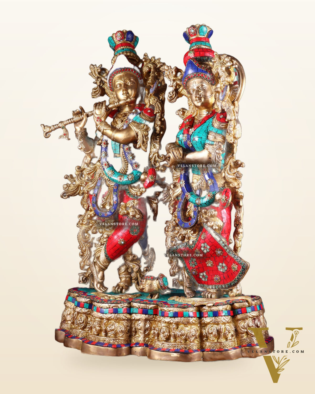 Pure Brass Radha Krishna statue meenakari Stonework– 29"