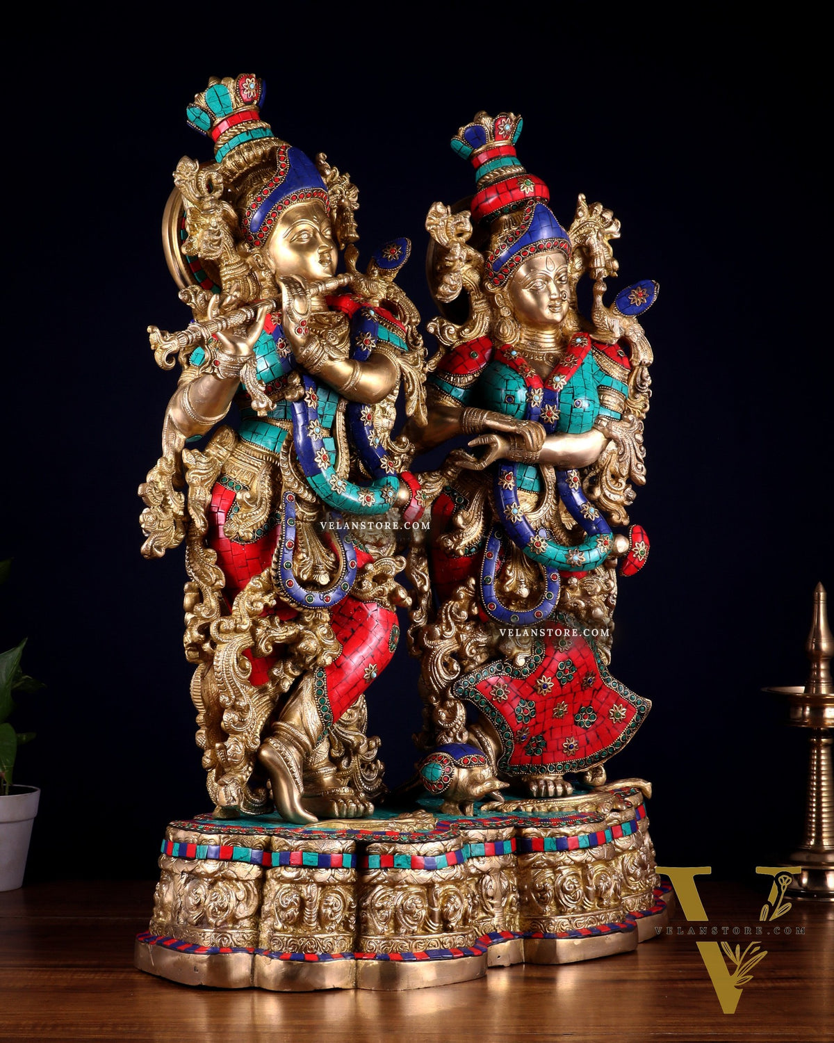 Pure Brass Radha Krishna statue meenakari Stonework– 29"