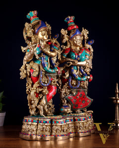 Pure Brass Radha Krishna statue meenakari Stonework– 29"