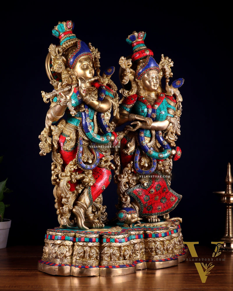Pure Brass Radha Krishna statue meenakari Stonework– 29"