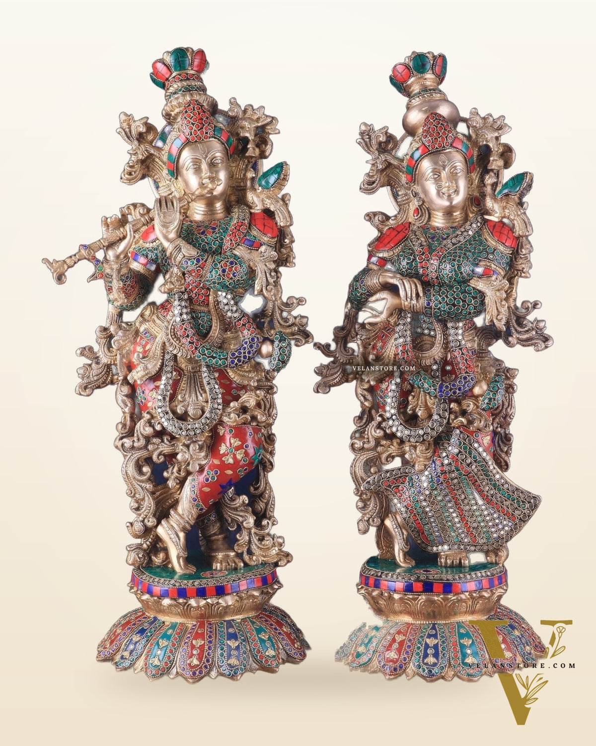 Pure Brass Radha Krishna Statues on lotus base with Intricate Stonework – 27 Inch