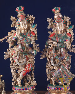 Pure Brass Radha Krishna Statues on lotus base with Intricate Stonework – 27 Inch