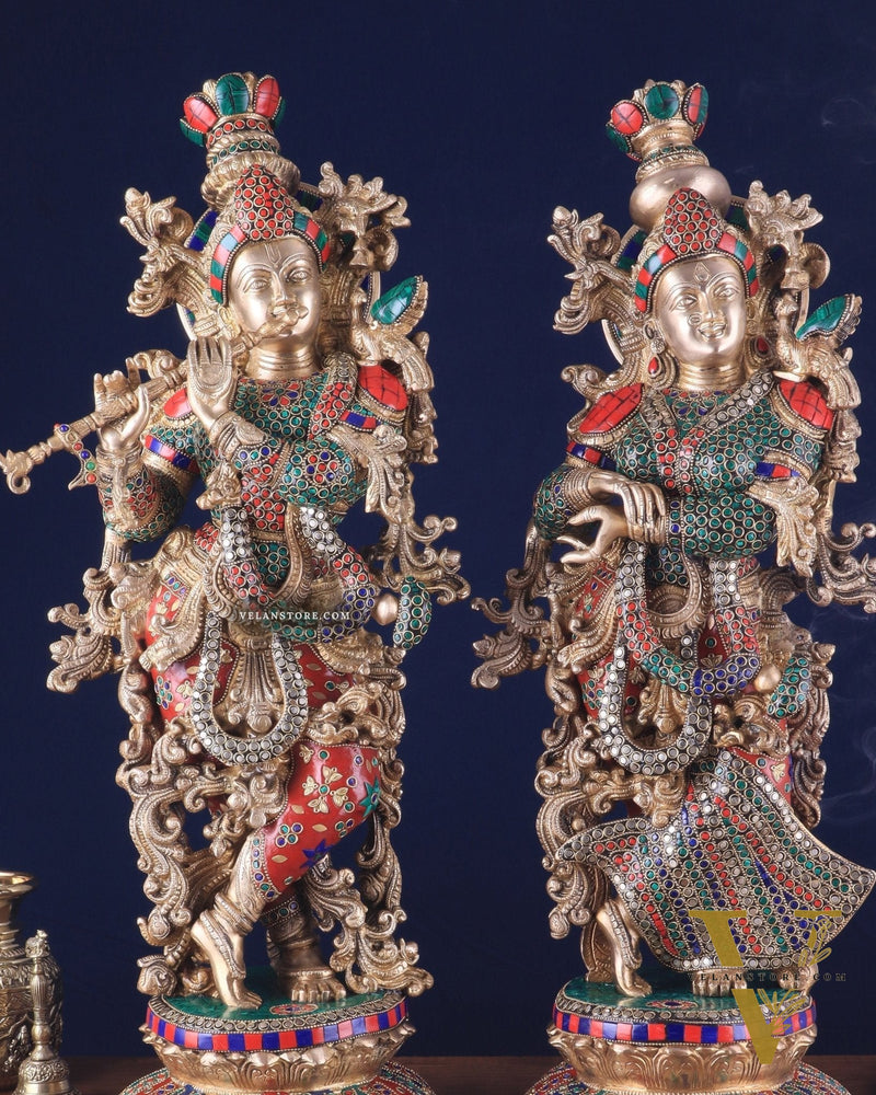Pure Brass Radha Krishna Statues on lotus base with Intricate Stonework – 27 Inch