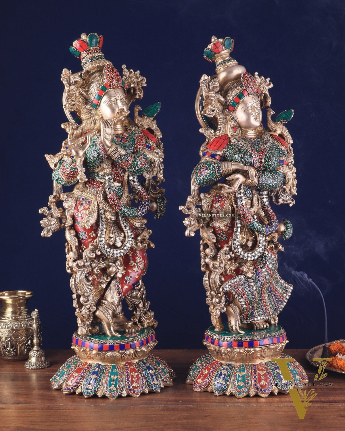 Pure Brass Radha Krishna Statues on lotus base with Intricate Stonework – 27 Inch