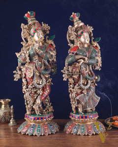 Pure Brass Radha Krishna Statues on lotus base with Intricate Stonework – 27 Inch