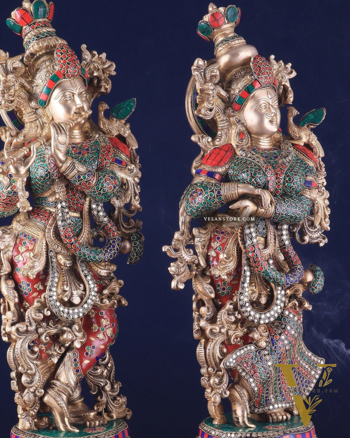 Pure Brass Radha Krishna Statues on lotus base with Intricate Stonework – 27 Inch