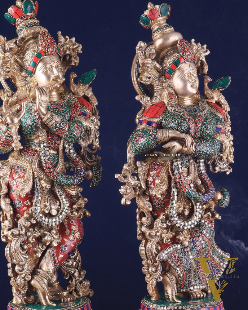 Pure Brass Radha Krishna Statues on lotus base with Intricate Stonework – 27 Inch