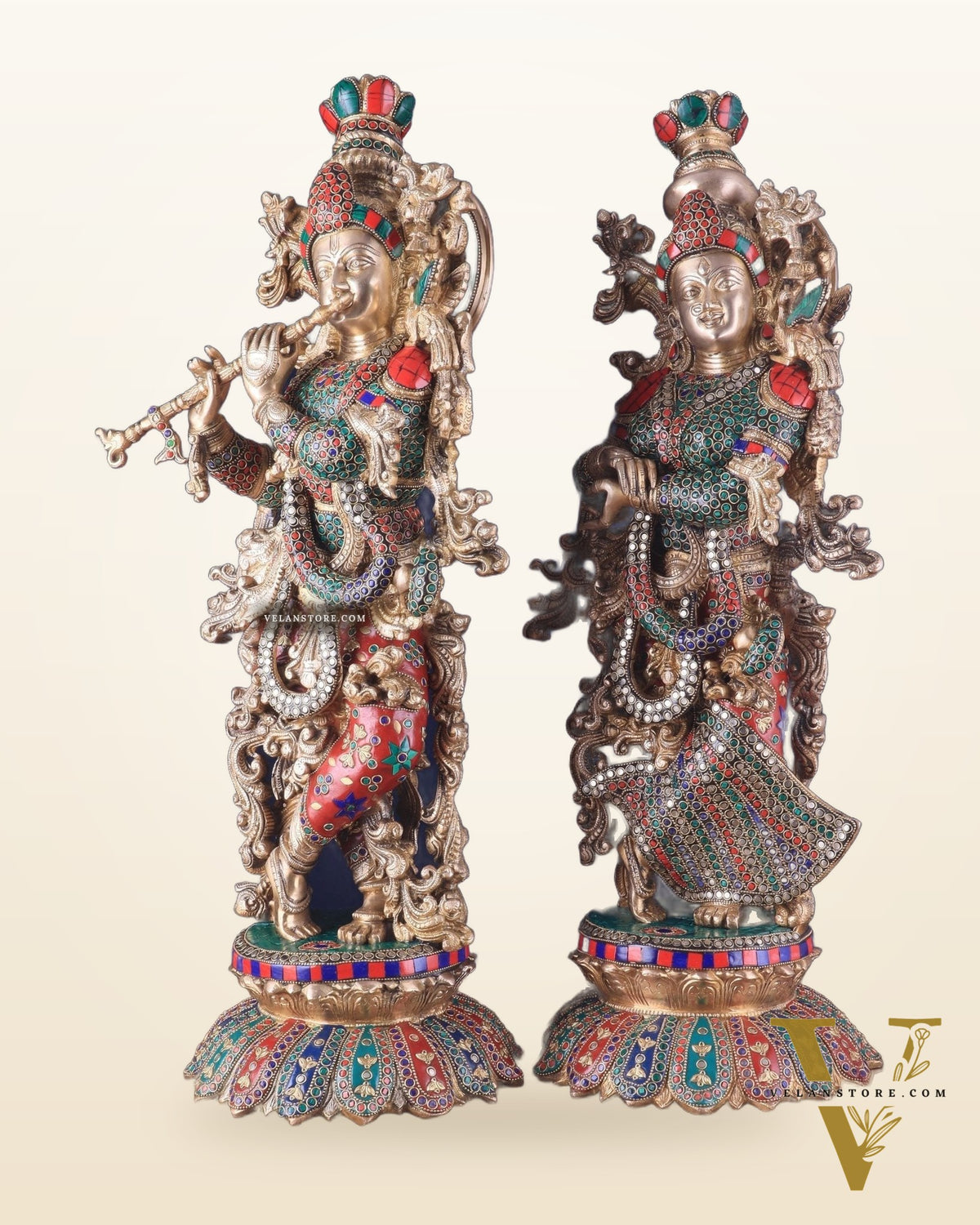 Pure Brass Radha Krishna Statues on lotus base with Intricate Stonework – 27 Inch