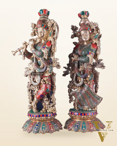 Pure Brass Radha Krishna Statues on lotus base with Intricate Stonework – 27 Inch