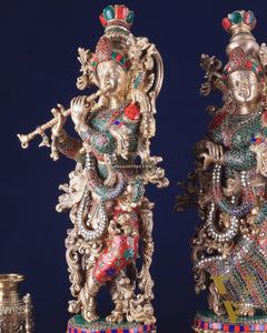Pure Brass Radha Krishna Statues on lotus base with Intricate Stonework – 27 Inch