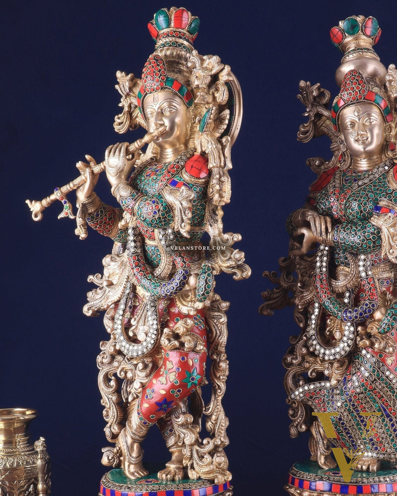Pure Brass Radha Krishna Statues on lotus base with Intricate Stonework – 27 Inch