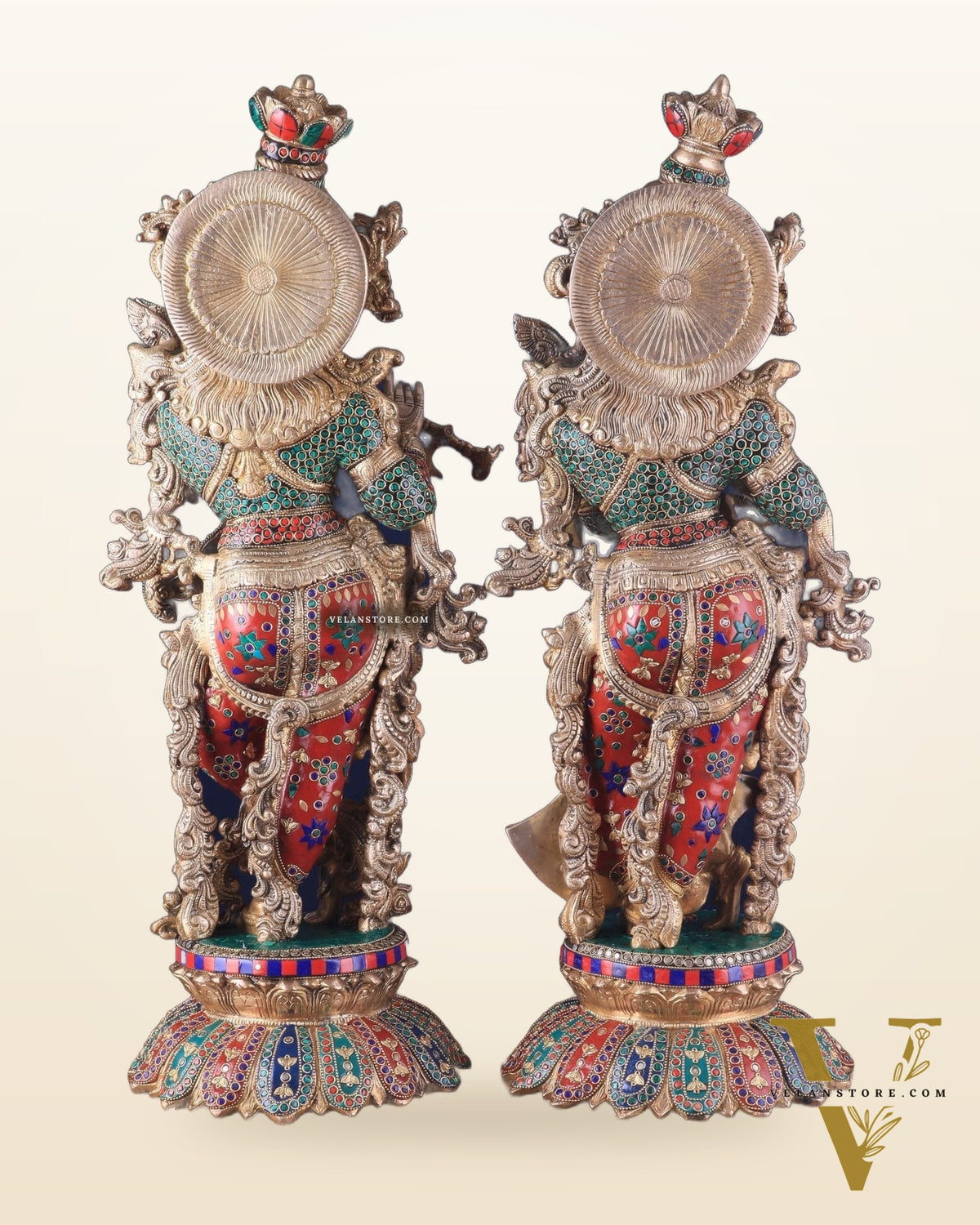 Pure Brass Radha Krishna Statues on lotus base with Intricate Stonework – 27 Inch