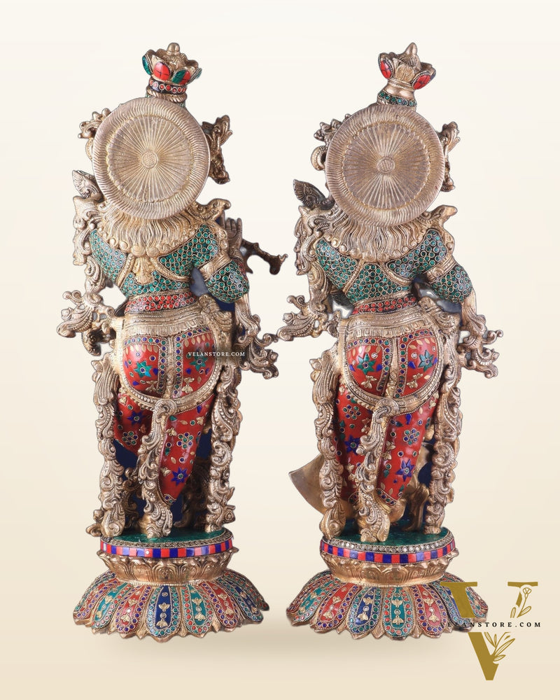 Pure Brass Radha Krishna Statues on lotus base with Intricate Stonework – 27 Inch