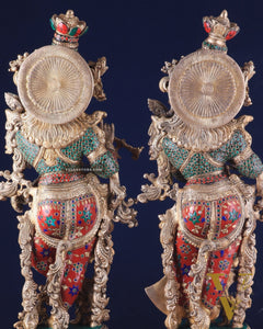 Pure Brass Radha Krishna Statues on lotus base with Intricate Stonework – 27 Inch