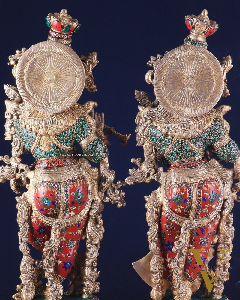 Pure Brass Radha Krishna Statues on lotus base with Intricate Stonework – 27 Inch