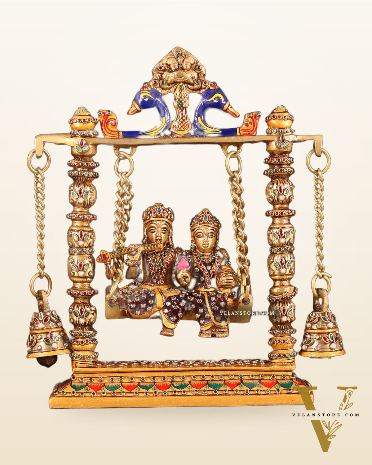 Pure Brass Radha Krishna Swing Idol - 10" laakh meenakari