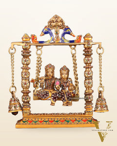 Pure Brass Radha Krishna Swing Idol - 10" laakh meenakari