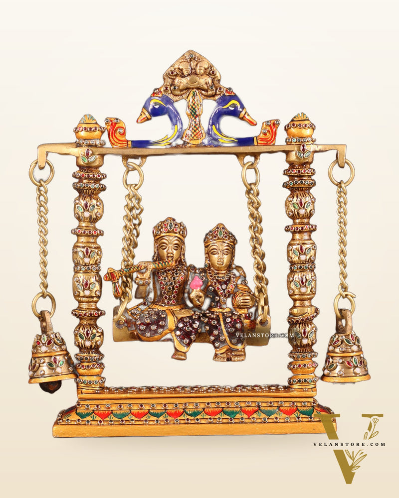 Pure Brass Radha Krishna Swing Idol - 10" laakh meenakari
