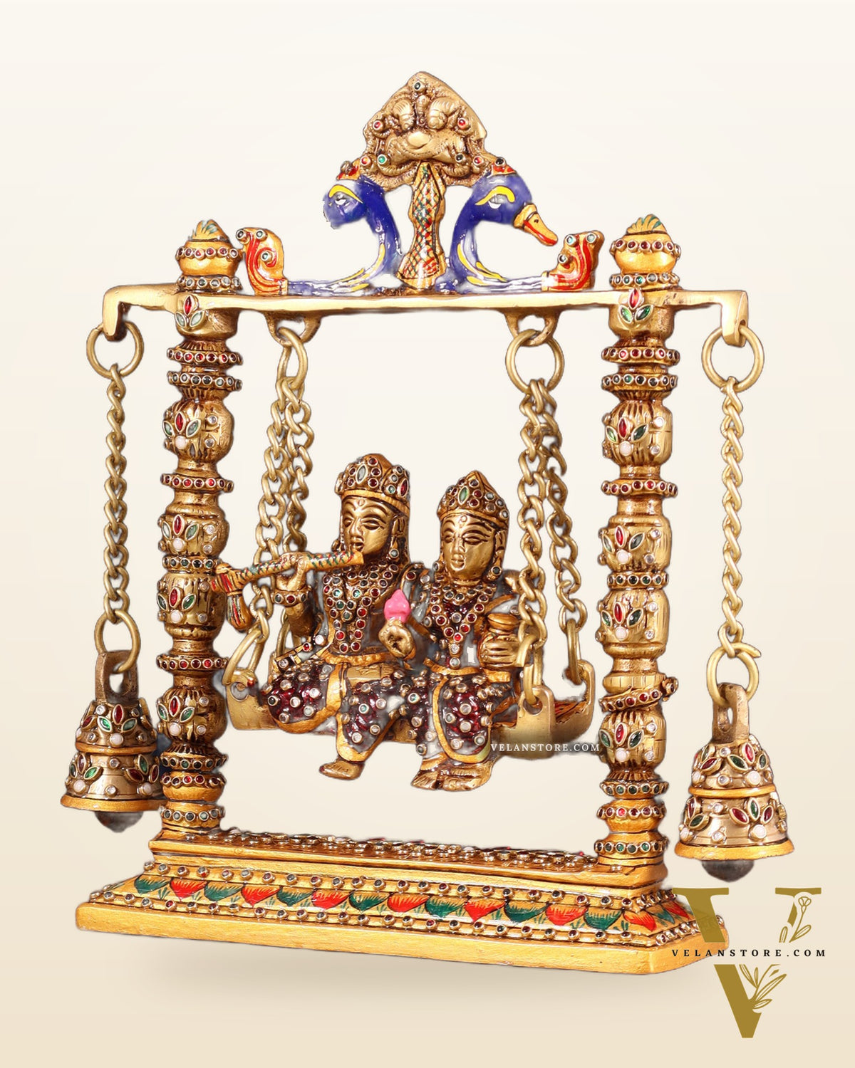 Pure Brass Radha Krishna Swing Idol - 10" laakh meenakari