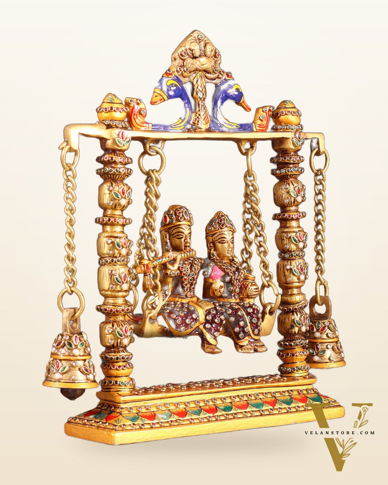 Pure Brass Radha Krishna Swing Idol - 10" laakh meenakari