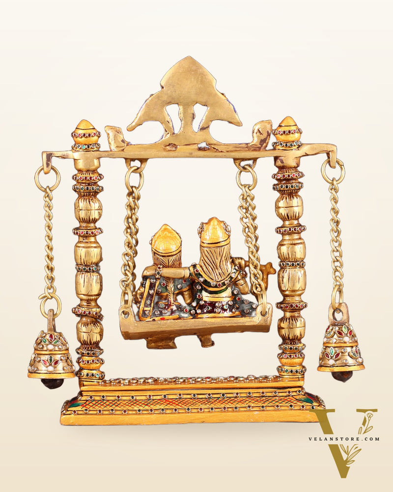 Pure Brass Radha Krishna Swing Idol - 10" laakh meenakari
