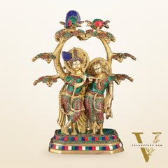 Pure Brass Radha Krishna Under Kadamba Tree Statue with Meenakari Stonework 16"
