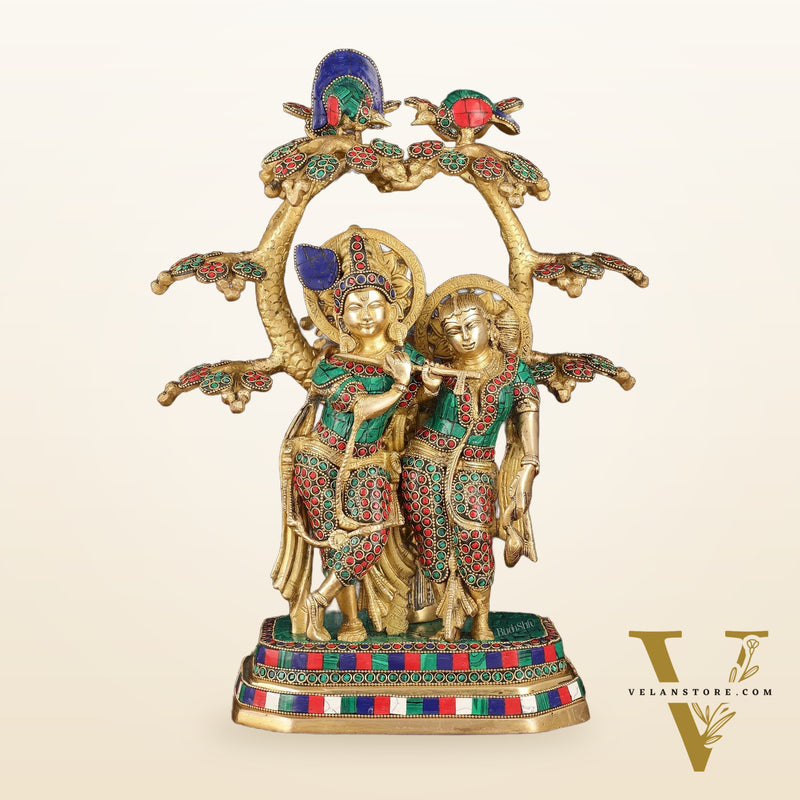 Pure Brass Radha Krishna Under Kadamba Tree Statue with Meenakari Stonework 16"
