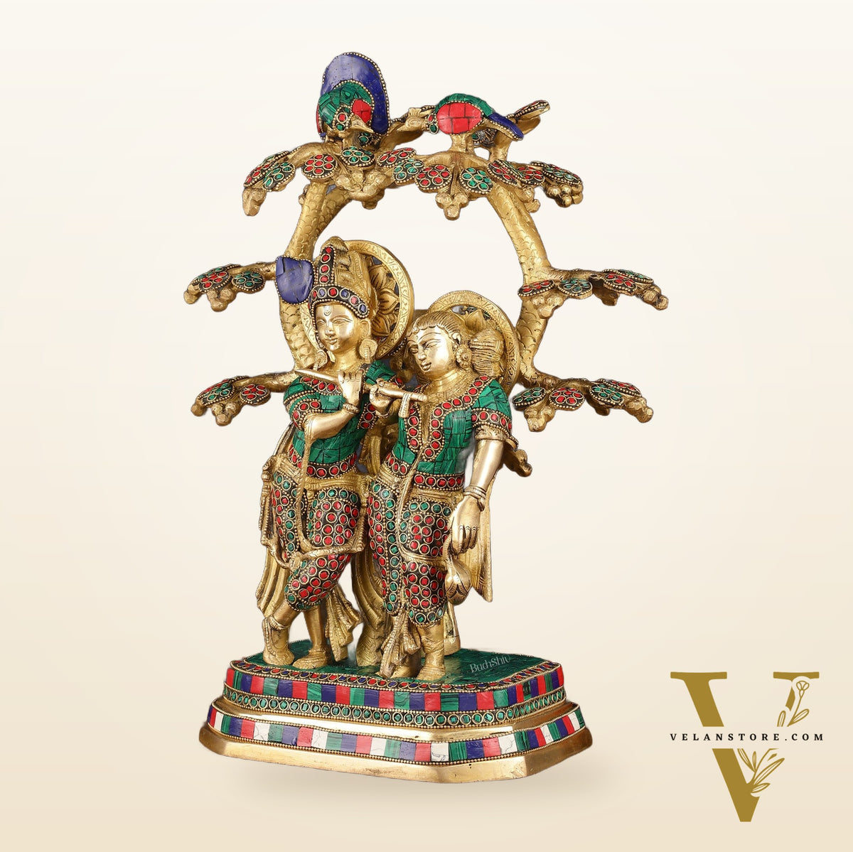 Pure Brass Radha Krishna Under Kadamba Tree Statue with Meenakari Stonework 16"