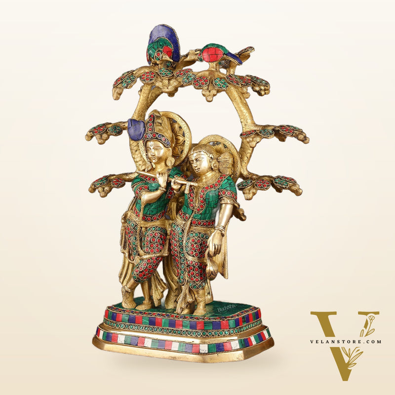 Pure Brass Radha Krishna Under Kadamba Tree Statue with Meenakari Stonework 16"
