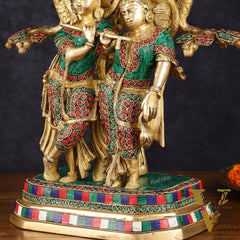 Pure Brass Radha Krishna Under Kadamba Tree Statue with Meenakari Stonework 16"